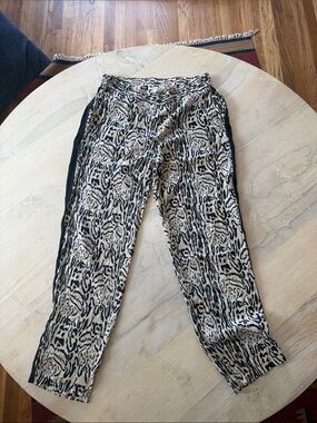Women's Beige & Black Animal Print Silk Pants